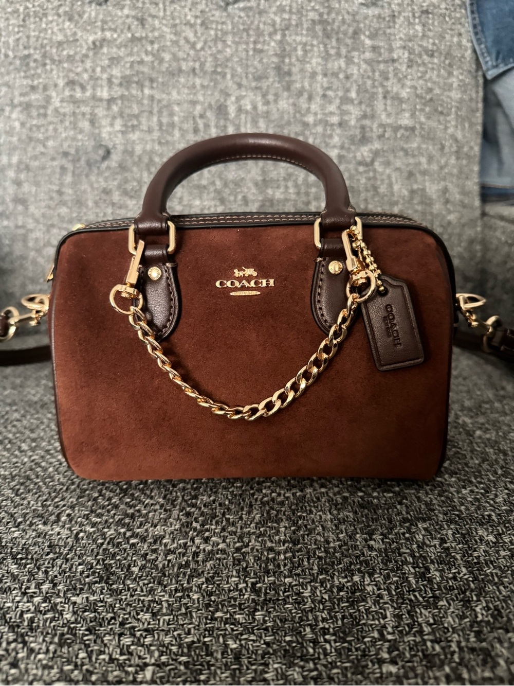 COACH Brown Suede Mini Satchel with Gold Chain Accent